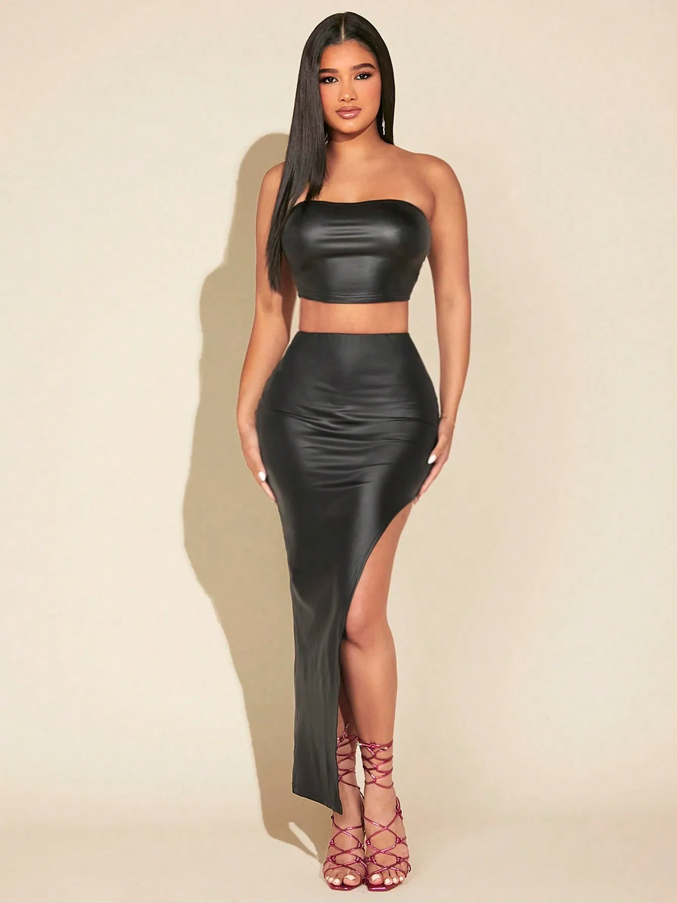 PU Leather Tube Top Split Thigh Skirt Set