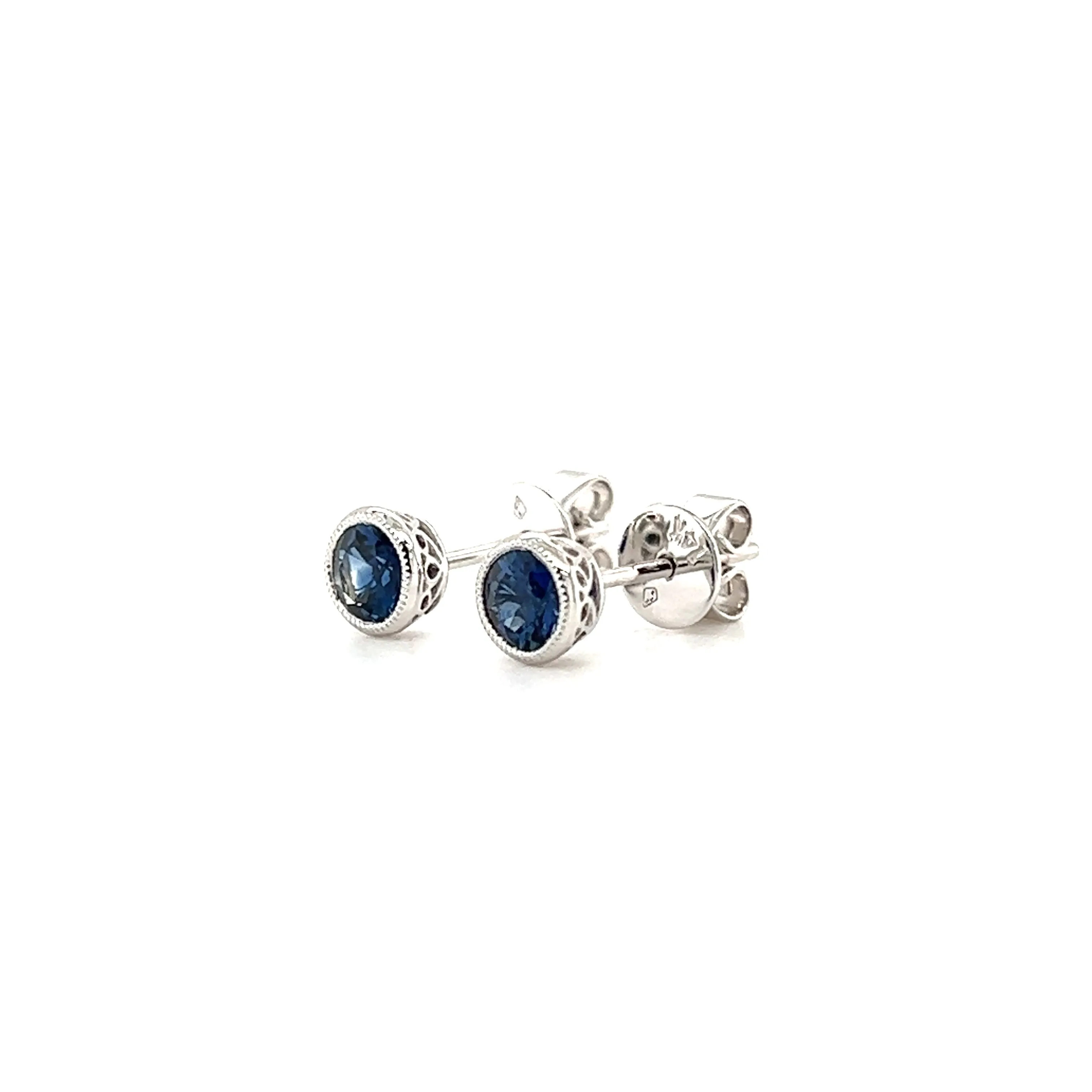 Round Sapphire Stud Earrings with Filigree and Milgrain in 14K White Gold