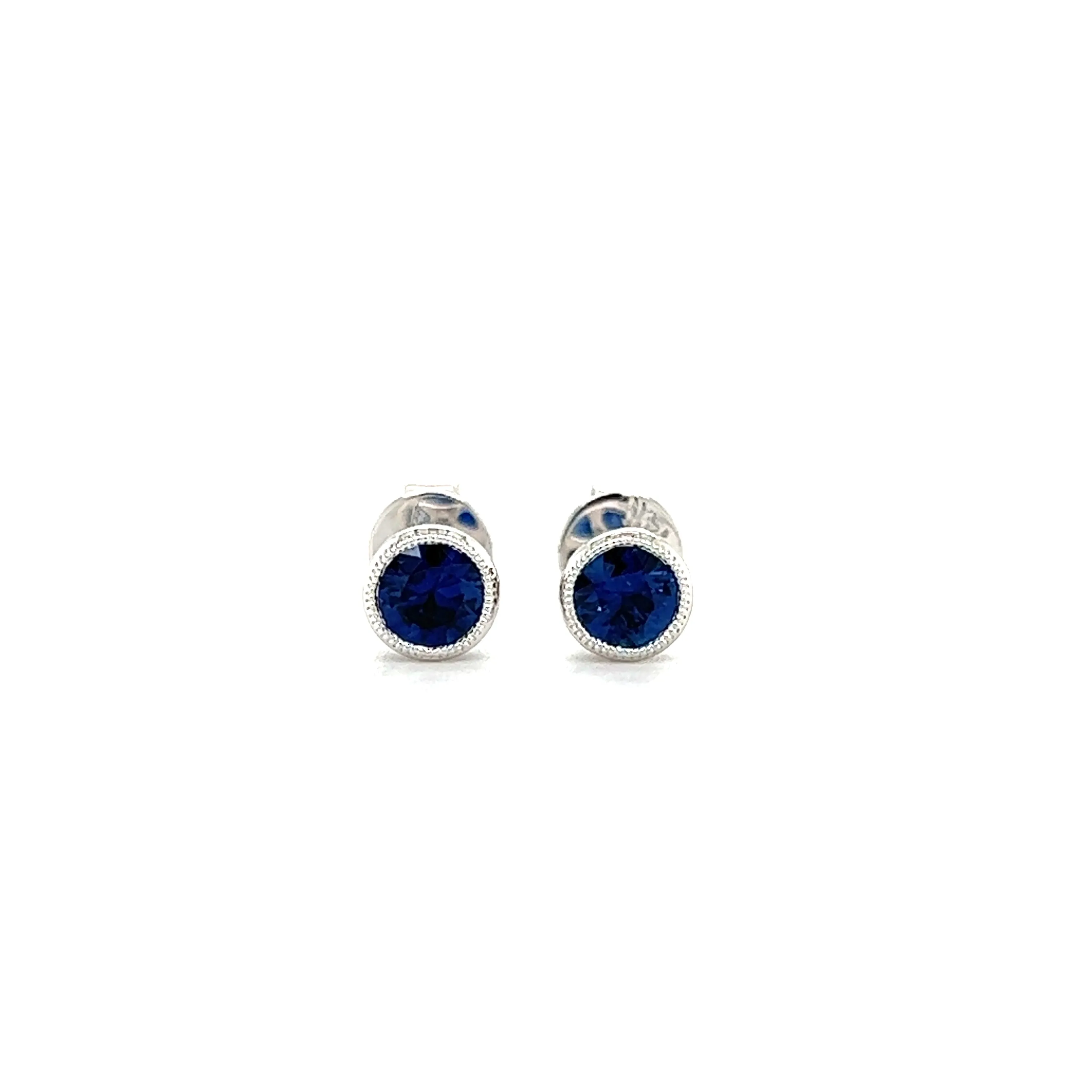 Round Sapphire Stud Earrings with Filigree and Milgrain in 14K White Gold