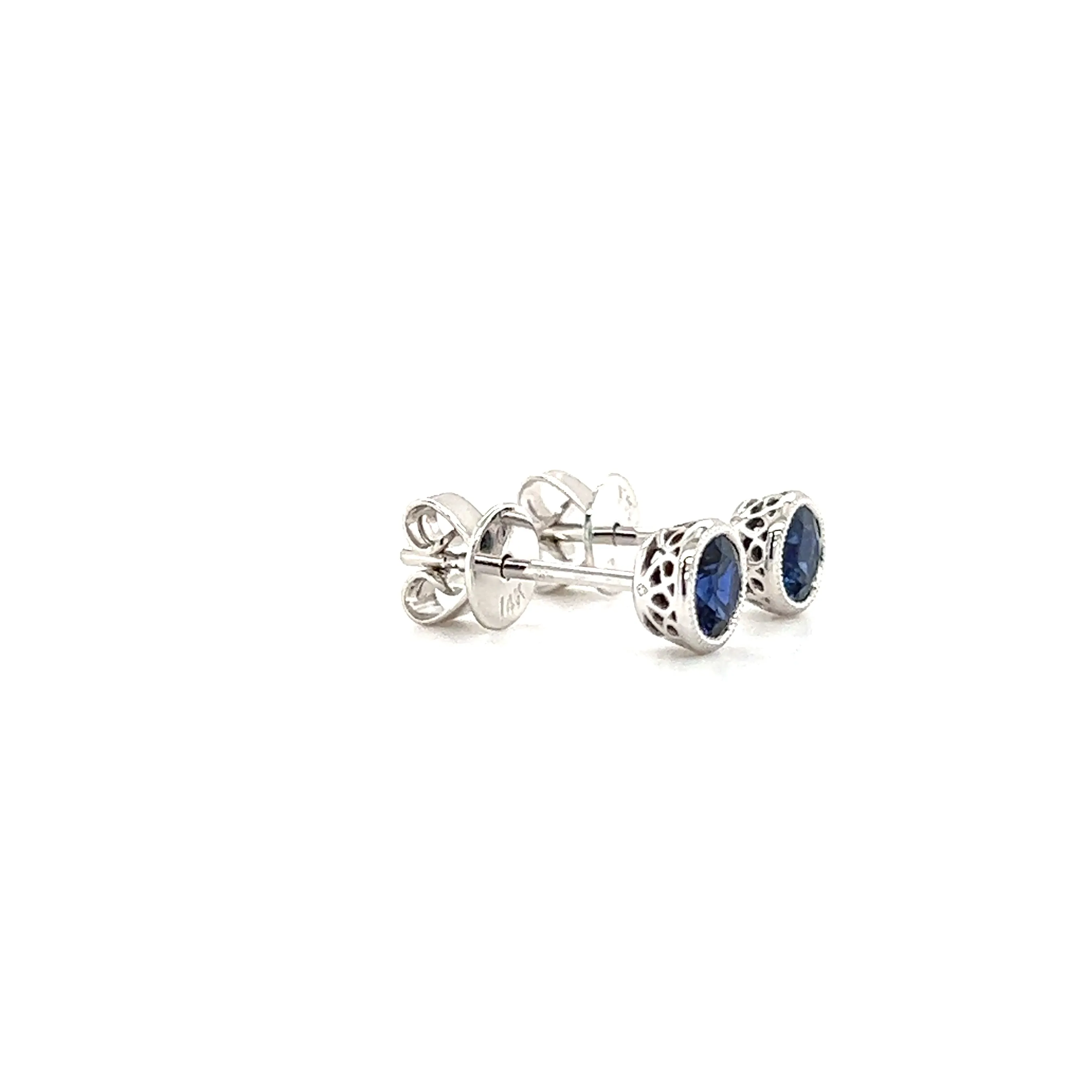 Round Sapphire Stud Earrings with Filigree and Milgrain in 14K White Gold