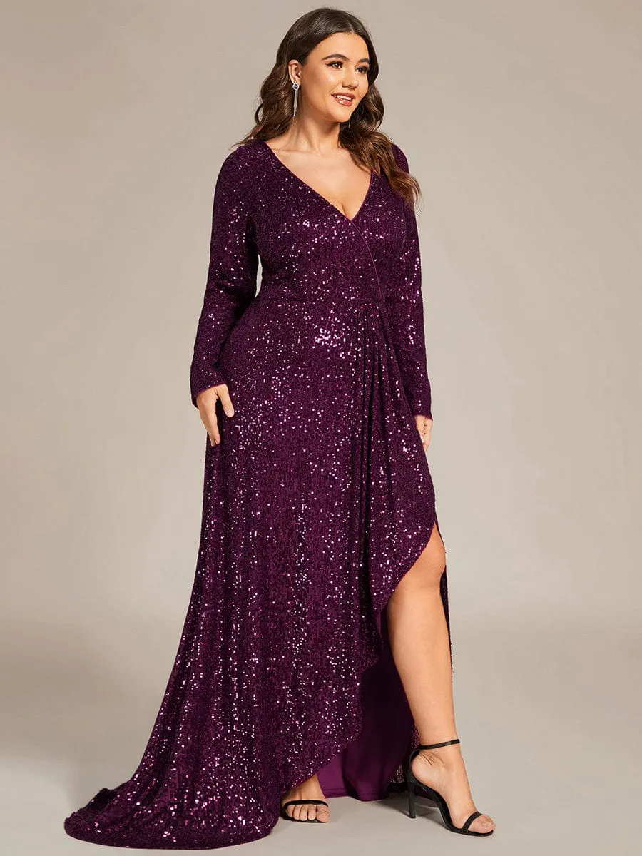 Sequin Long Sleeve V-neck Asymmetrical Hem Evening Dress