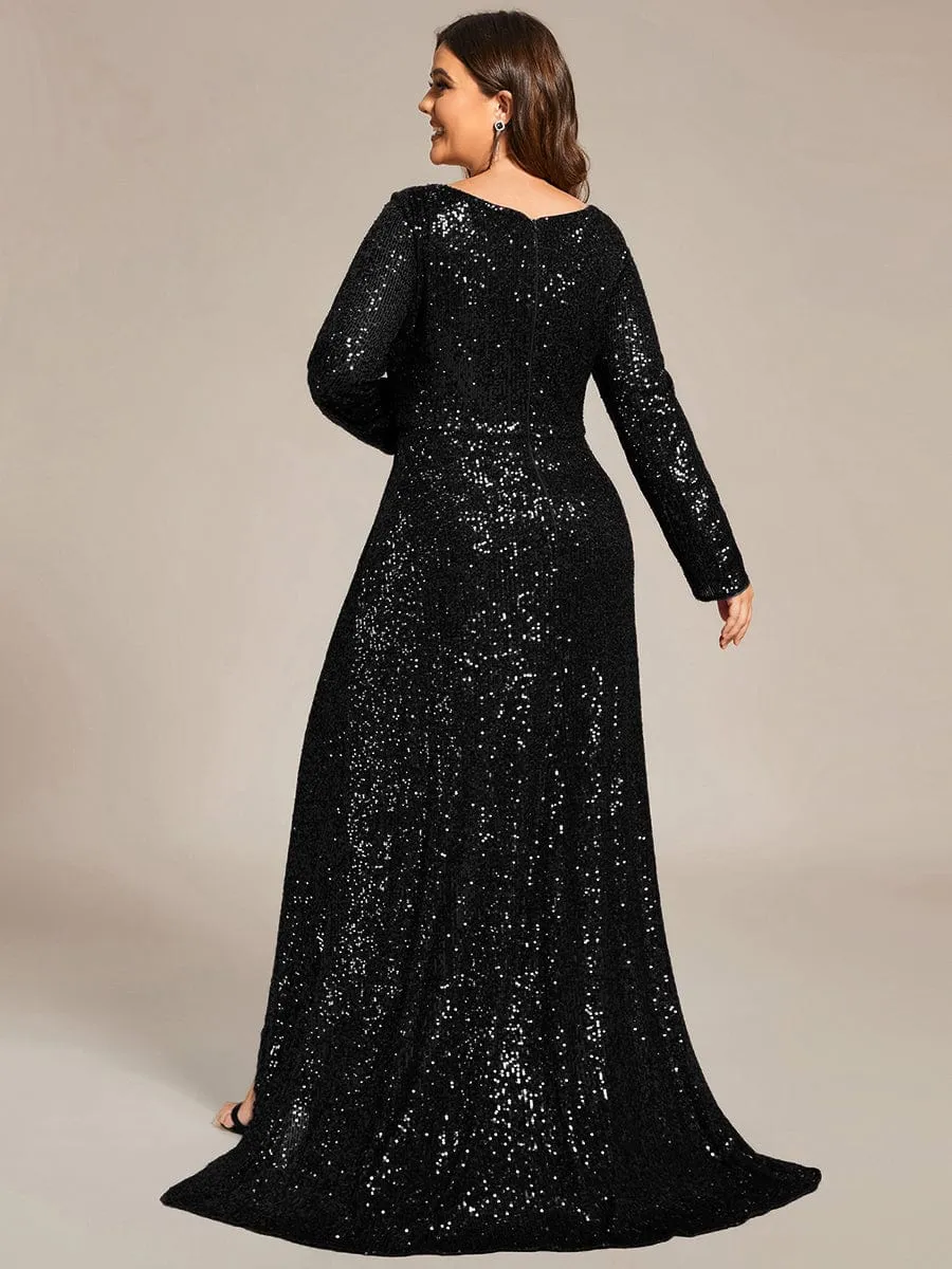 Sequin Long Sleeve V-neck Asymmetrical Hem Evening Dress