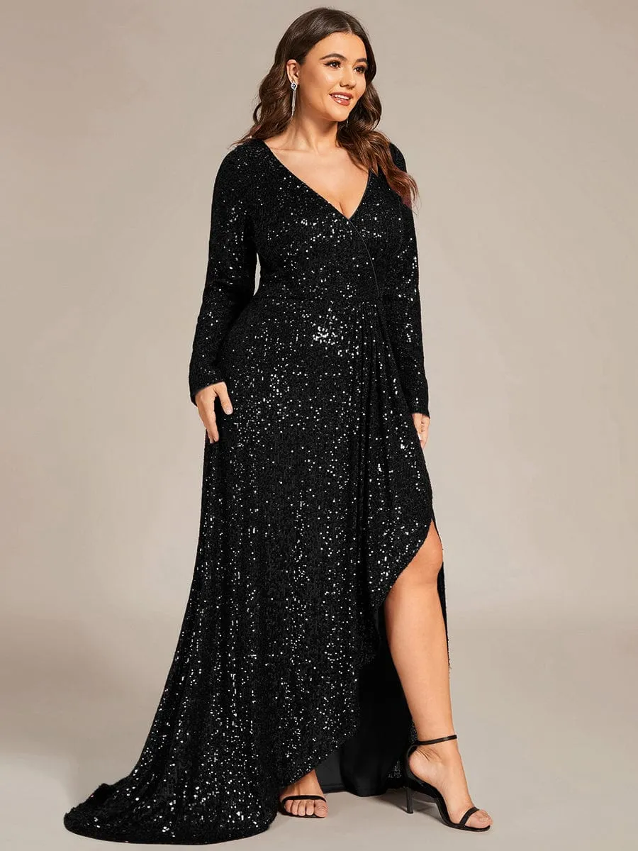 Sequin Long Sleeve V-neck Asymmetrical Hem Evening Dress