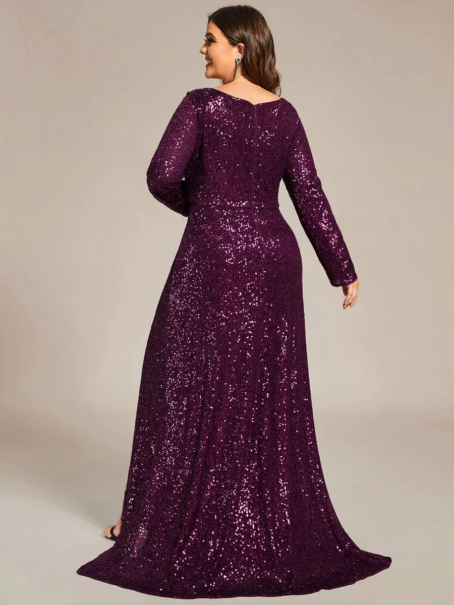 Sequin Long Sleeve V-neck Asymmetrical Hem Evening Dress