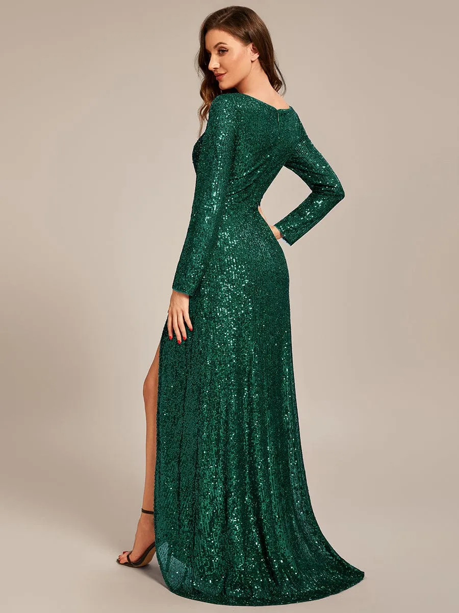 Sequin Long Sleeve V-neck Asymmetrical Hem Evening Dress