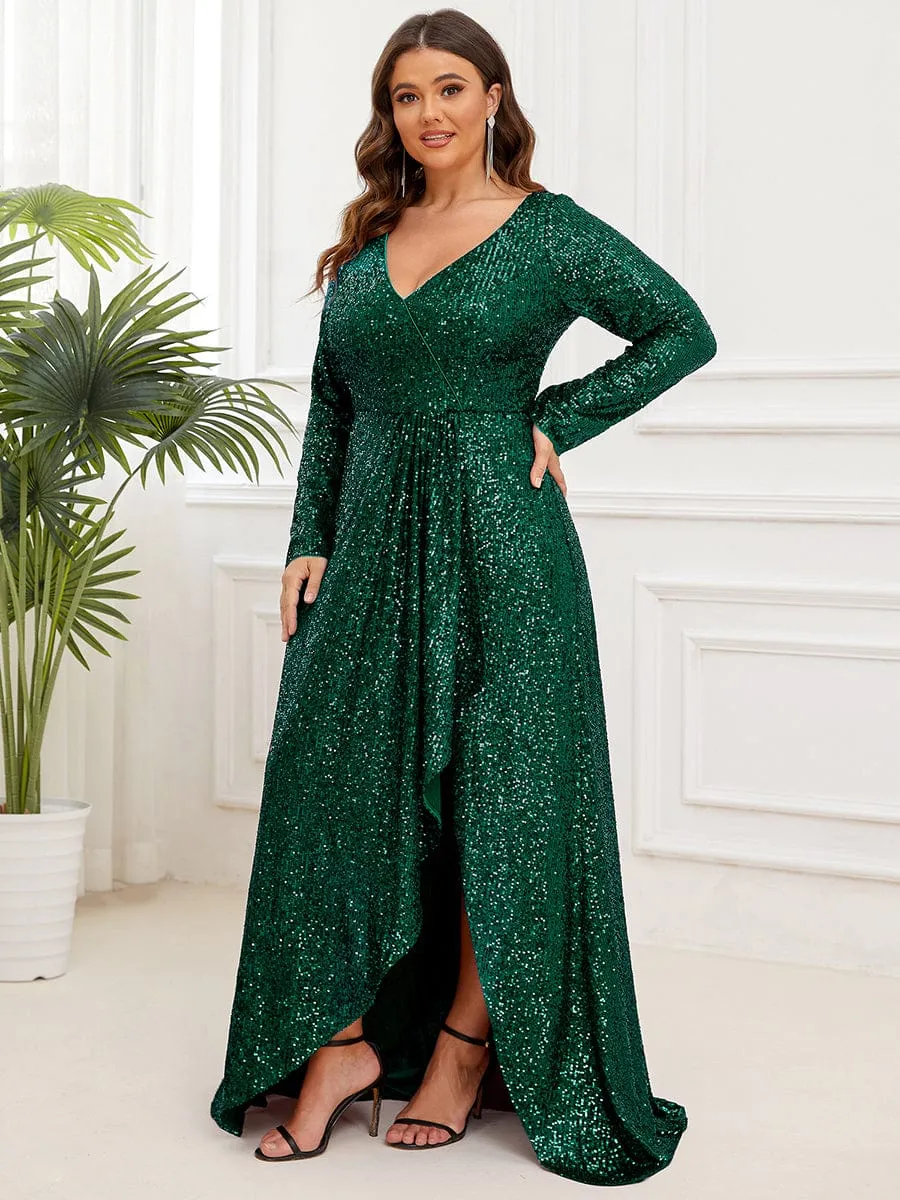 Sequin Long Sleeve V-neck Asymmetrical Hem Evening Dress