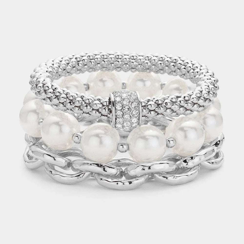 Silver Pearl Chain Stretch Layered Bracelets-M H W ACCESSORIES