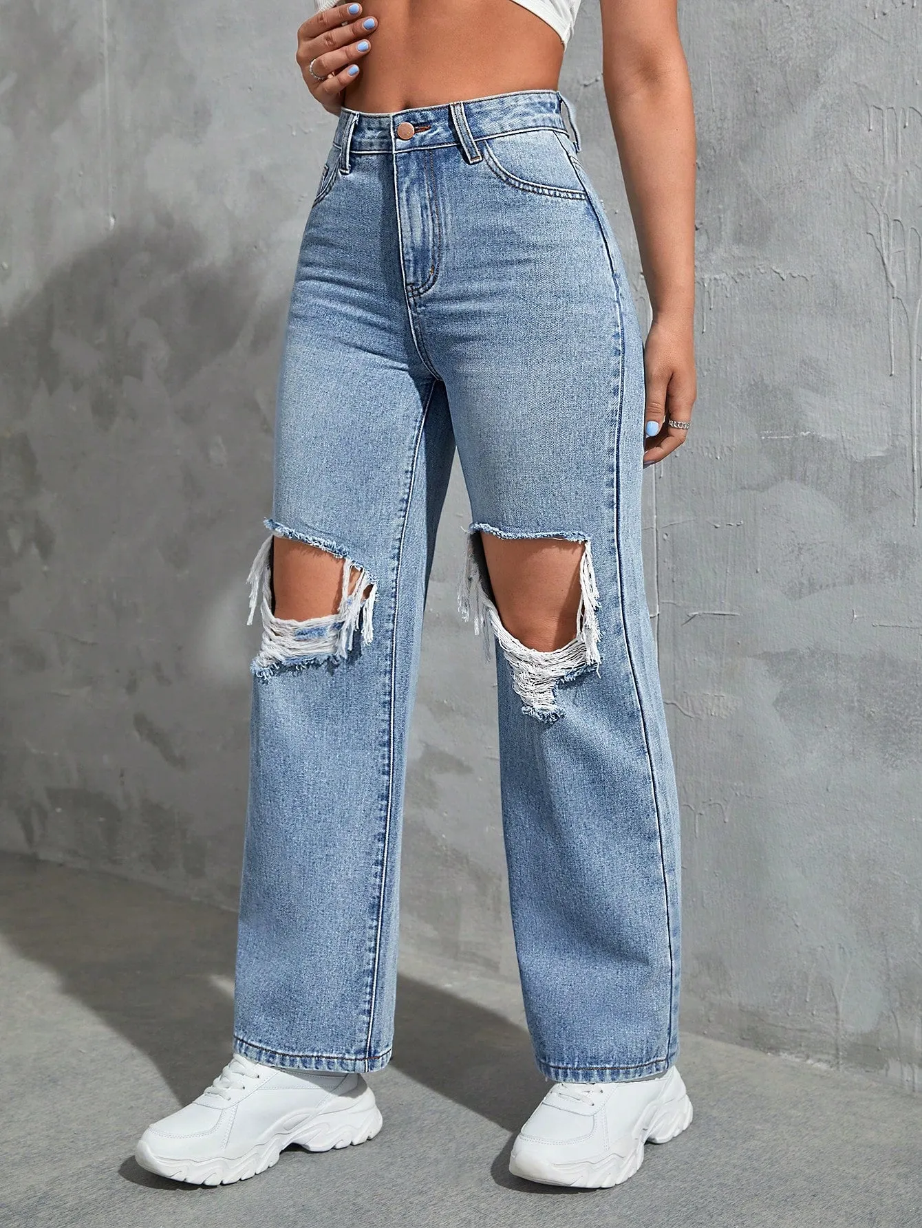 Solid Cut Out Ripped Jeans