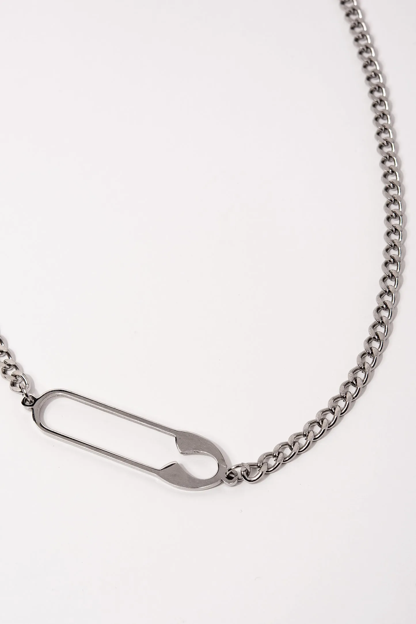 Stainless Steel Curb Chain Necklace with Safety Pin Pendant