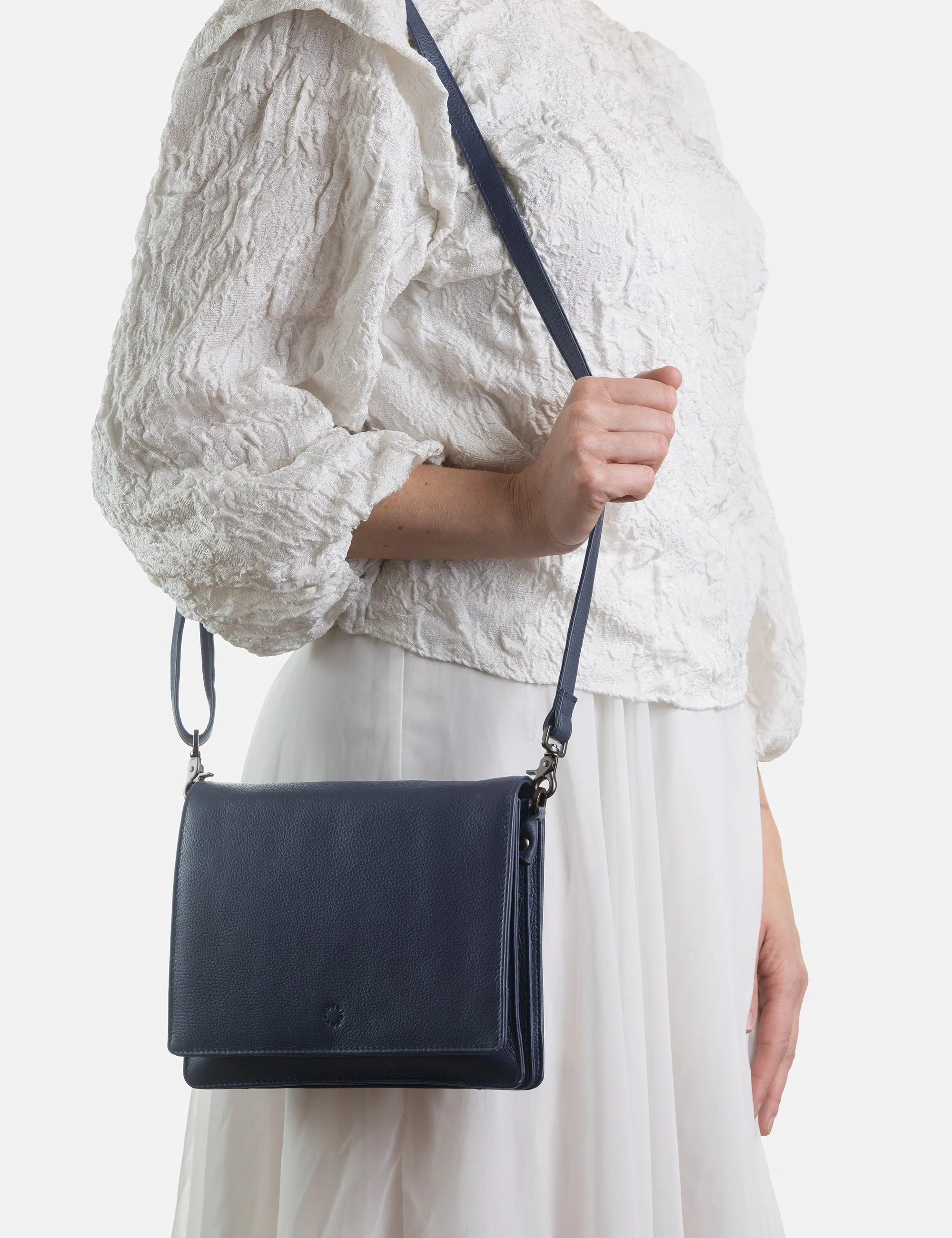 Stanton Navy Leather Flap Over Cross Body Bag