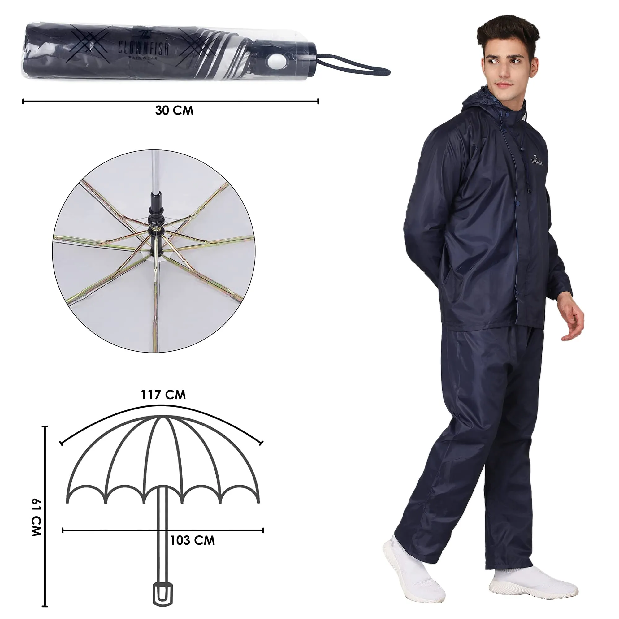 THE CLOWNFISH Combo Of Rain Coat for Men Waterproof Polyester (Blue 3XL) Umbrella Savior Series 3 Fold Waterproof Polyester (Black)