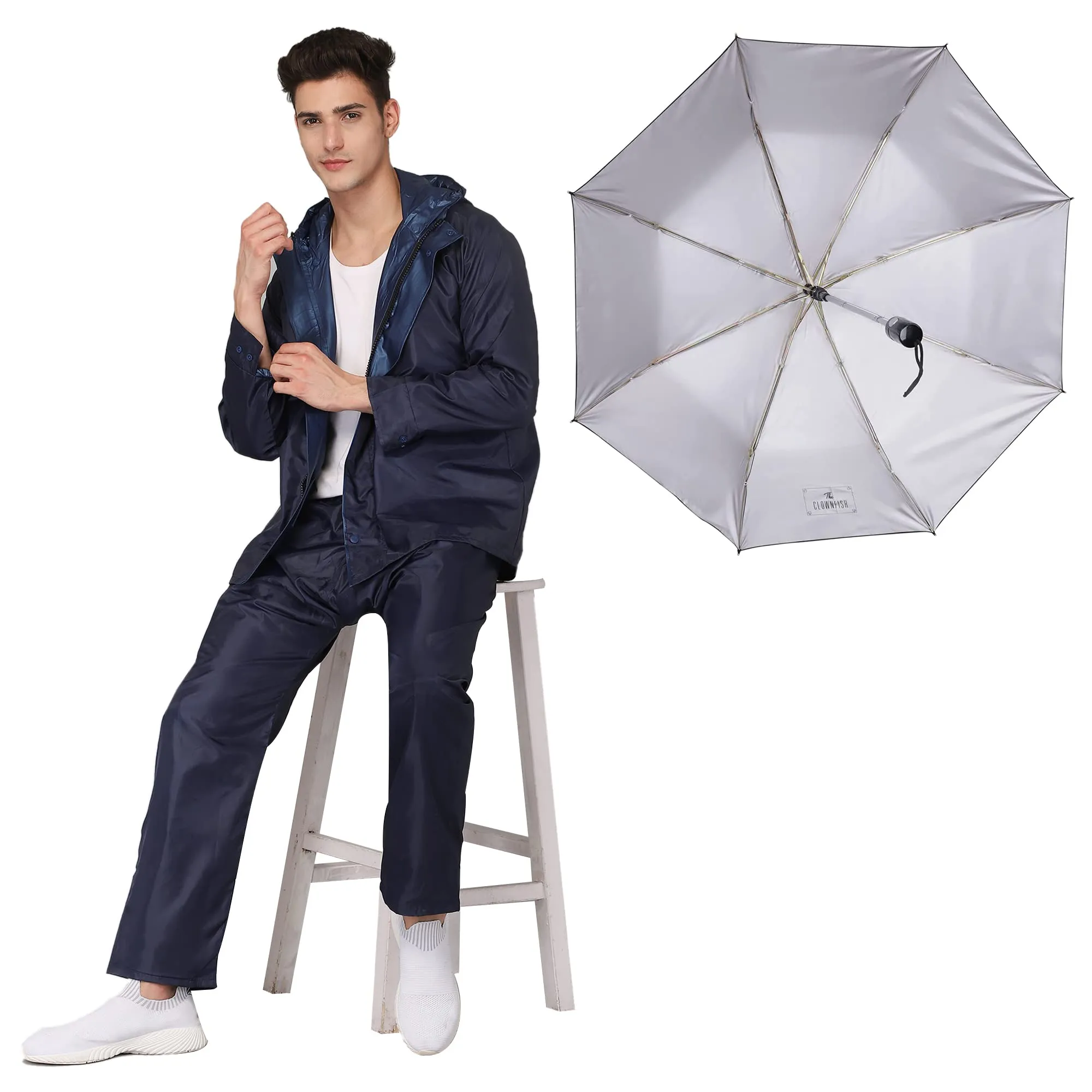 THE CLOWNFISH Combo Of Rain Coat for Men Waterproof Polyester (Blue 3XL) Umbrella Savior Series 3 Fold Waterproof Polyester (Black)