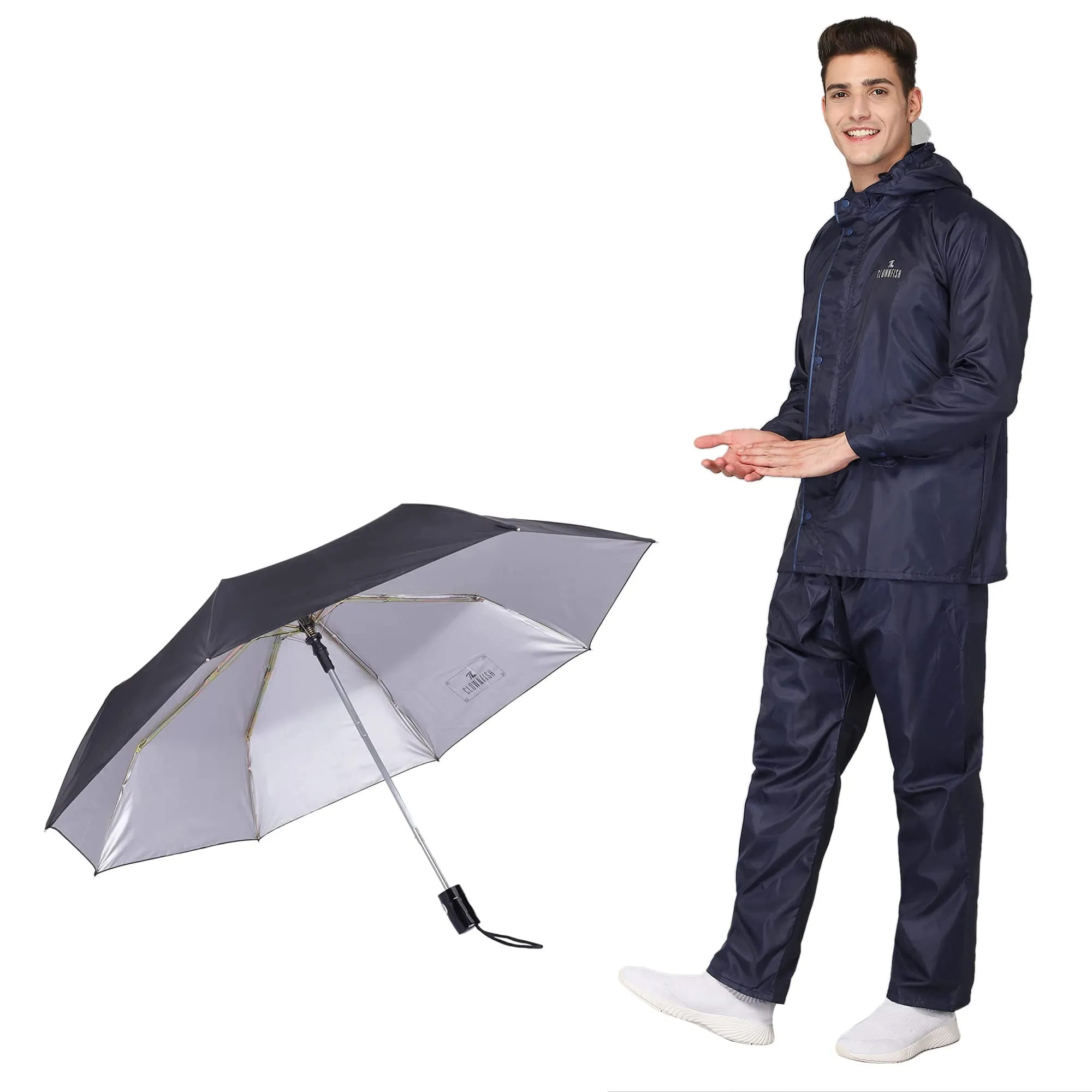 THE CLOWNFISH Combo Of Rain Coat for Men Waterproof Polyester (Blue 3XL) Umbrella Savior Series 3 Fold Waterproof Polyester (Black)