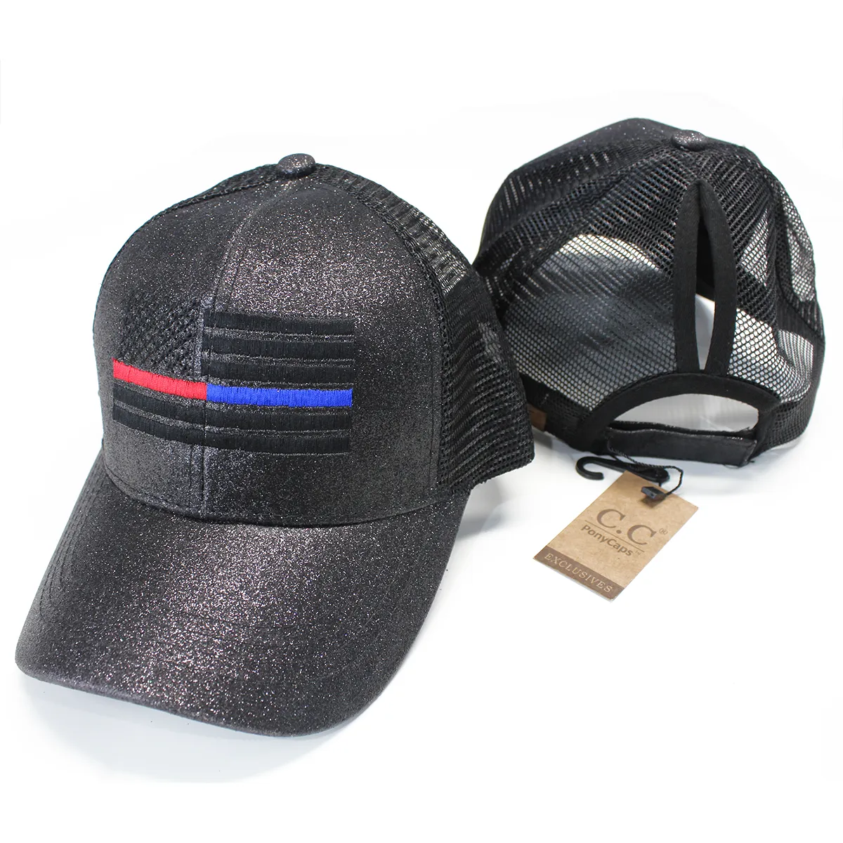 Thin Red/Blue Line American Flag Women's Ponytail Mesh Glitter Hat