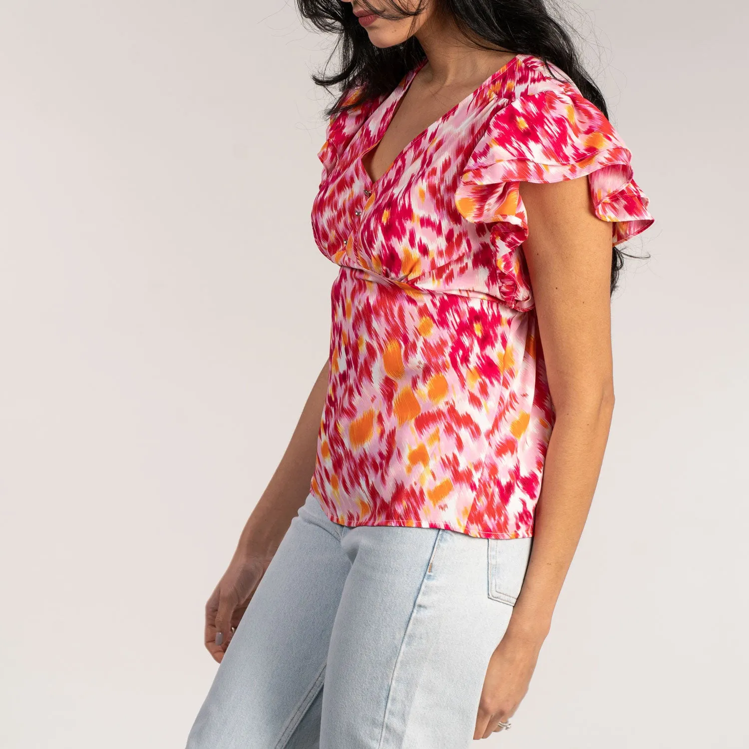 V Neck Chiffon Top - Red