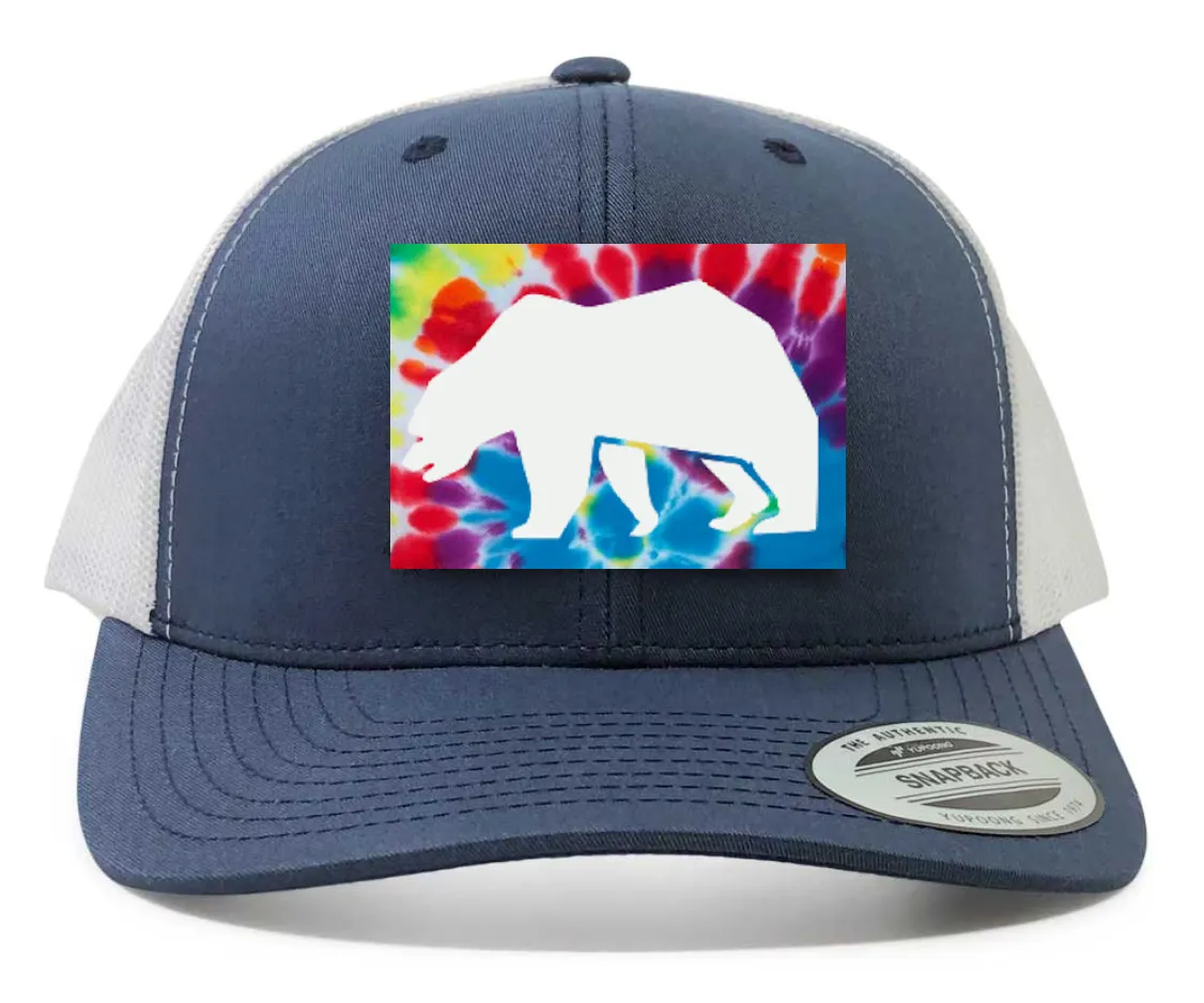 White Bear on Tie Dye Patch on Retro Trucker Patch Hat By Snapback - Navy White