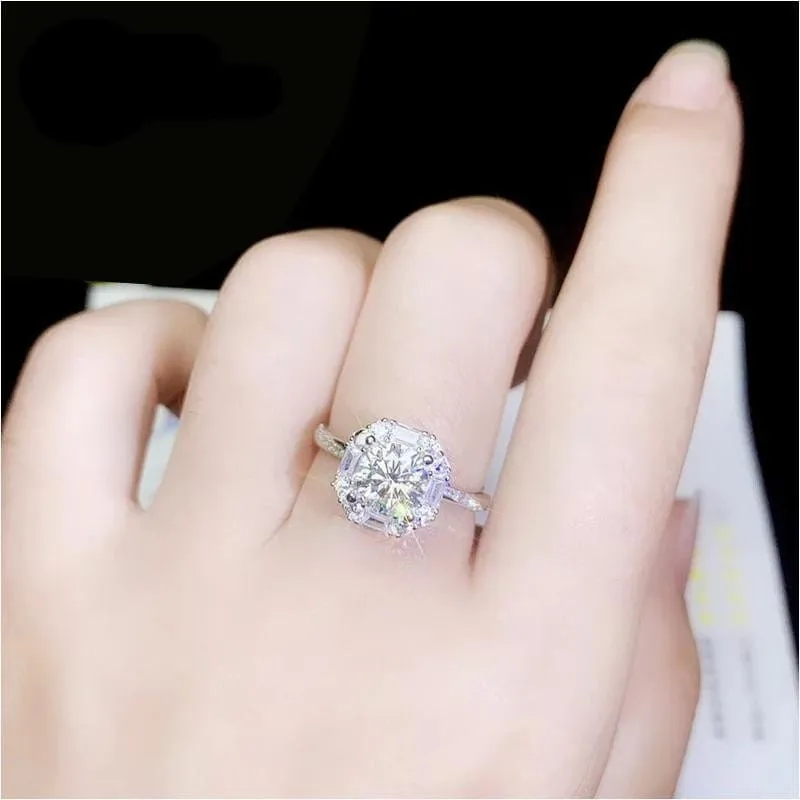 White Gold Plated Silver Halo Moissanite Ring 1ct Center Stone