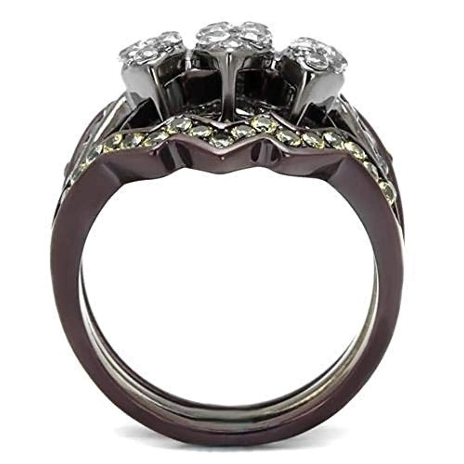 WildKlass Stainless Steel Ring IP Light Black (IP Gun) & IP Dark Brown (IP Coffee) Women AAA Grade CZ Clear