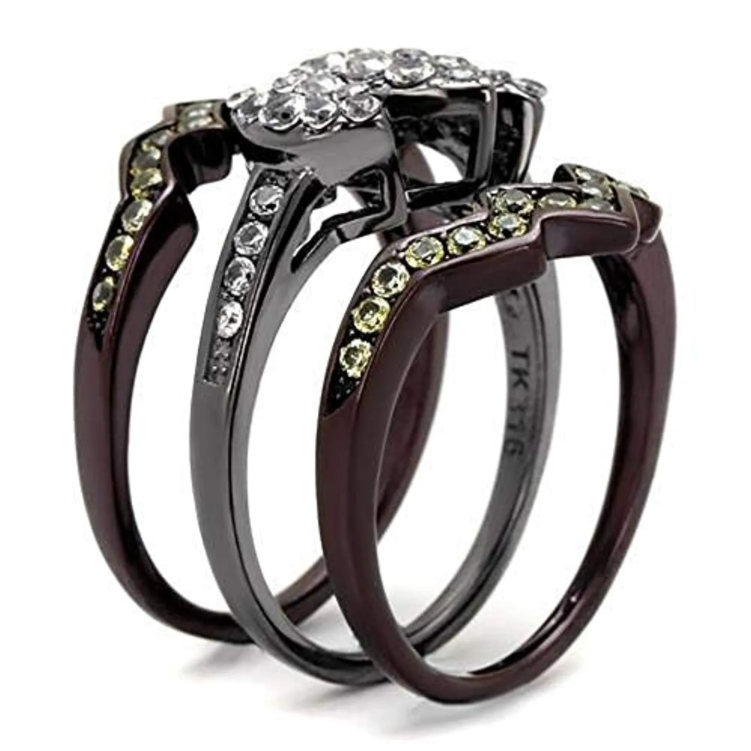 WildKlass Stainless Steel Ring IP Light Black (IP Gun) & IP Dark Brown (IP Coffee) Women AAA Grade CZ Clear