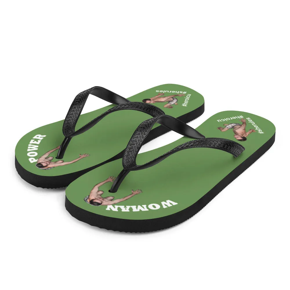 Woman Power Fabric Top Flip Flop Sandal Has Men Bow To Your Toes Moss Green Color with White Letters (NEW 2023-04)