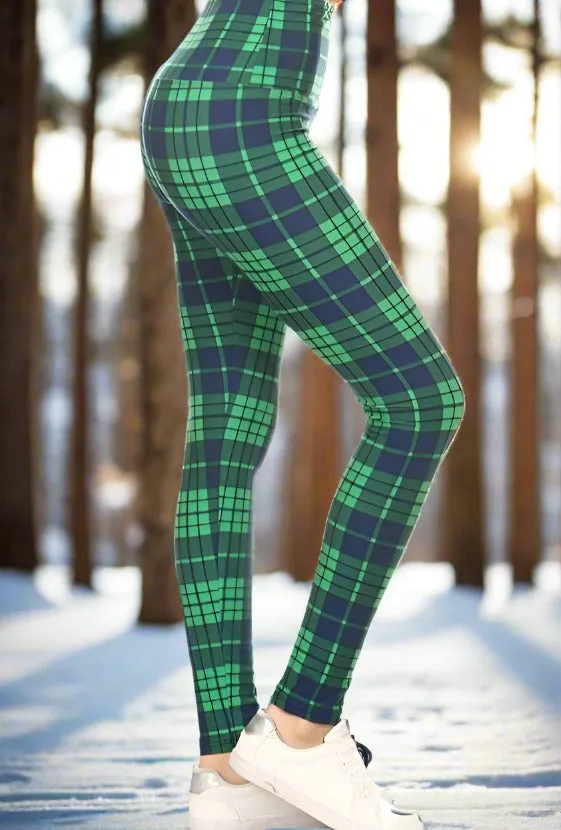 Womens Green Blue Christmas Plaid Leggings, Soft Yoga Pants, Sizes 0-20, Yoga Waist, Green/Blue