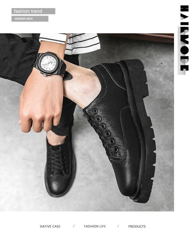 Xituodai  Retro Solid Color Rubber Sole Business Men's Shoes Autumn New Men Casual Shoes Thick Bottom Heightened Casual Leather Shoes